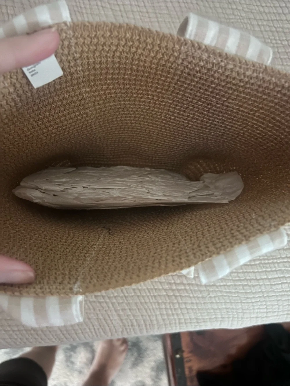 Striped Handle Straw Tote Bag in Brown and Cream